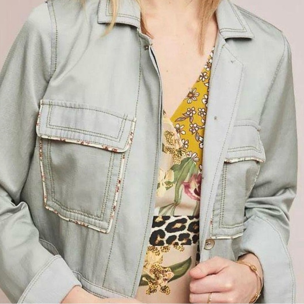 Anthropologie Women's Green Button Down Shirt Jacket Size XL Utility Linen